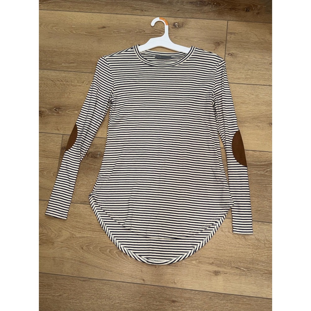 Cherish Womens Striped Long‎ Sleeve Top Elbow Patches Navy White High Low Hem S
